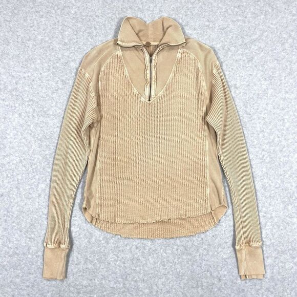 Free People One Top Womens Small Ashton Zip‎ Thermal Sand Long Sleeve Mock Neck - Picture 1 of 13